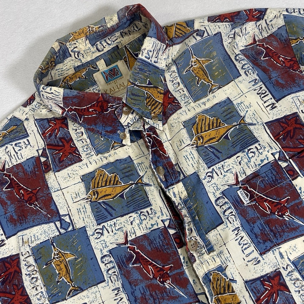Kahala Men's Large Marlin Print Hawaiian 100% Cotton Button‎ Up Shirt